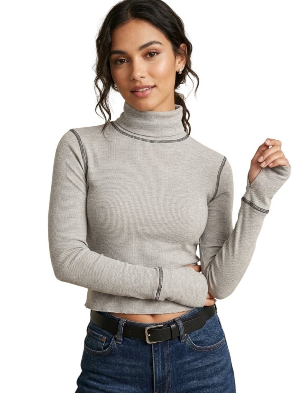 Gilded Intent Crop Top Turtleneck Long Sleeve Thumbholes Ribbed Knit Gray Black